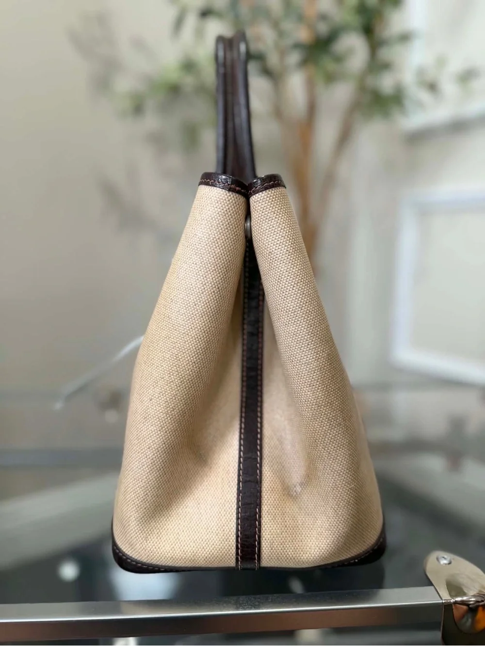 Hermes Beige Canvas Tote with Dark Brown Leather Trim
